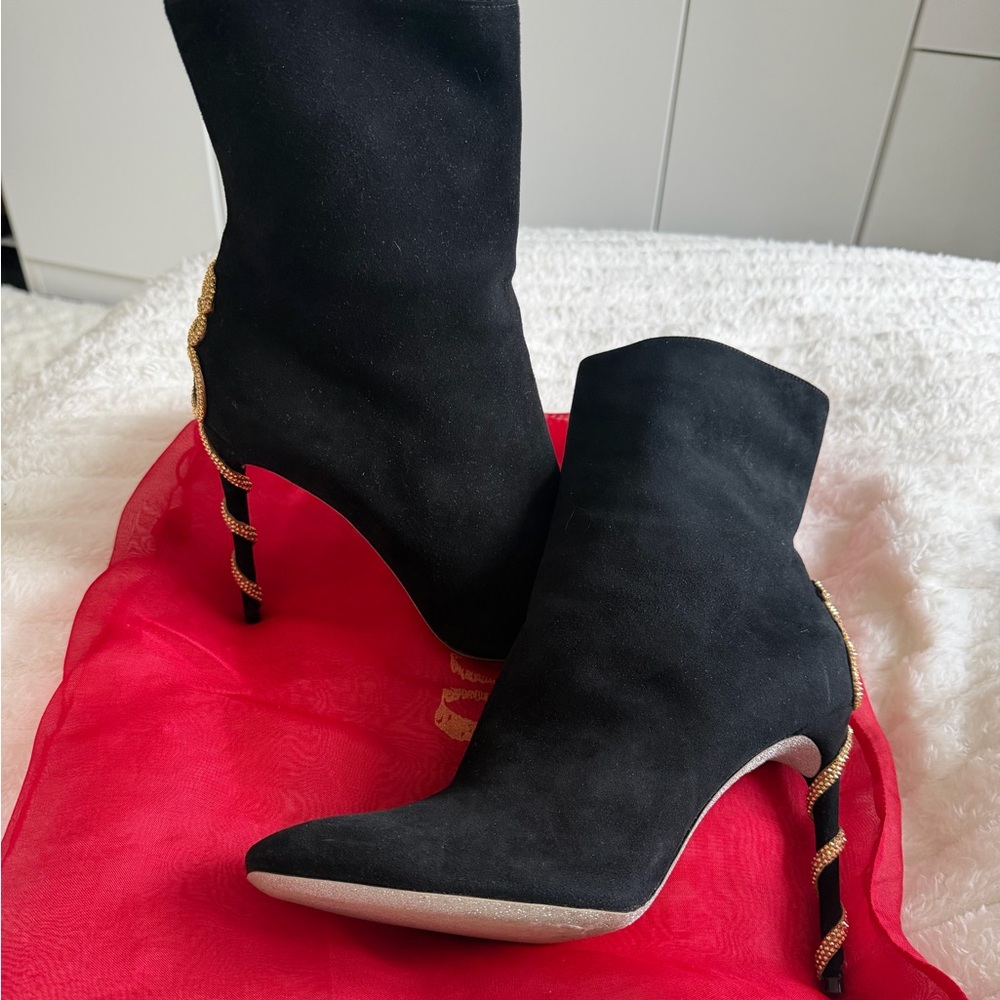 Rene Caovilla Black Suede Ankle Boots with Gold Crystal Serpent - Picture 3 of 8